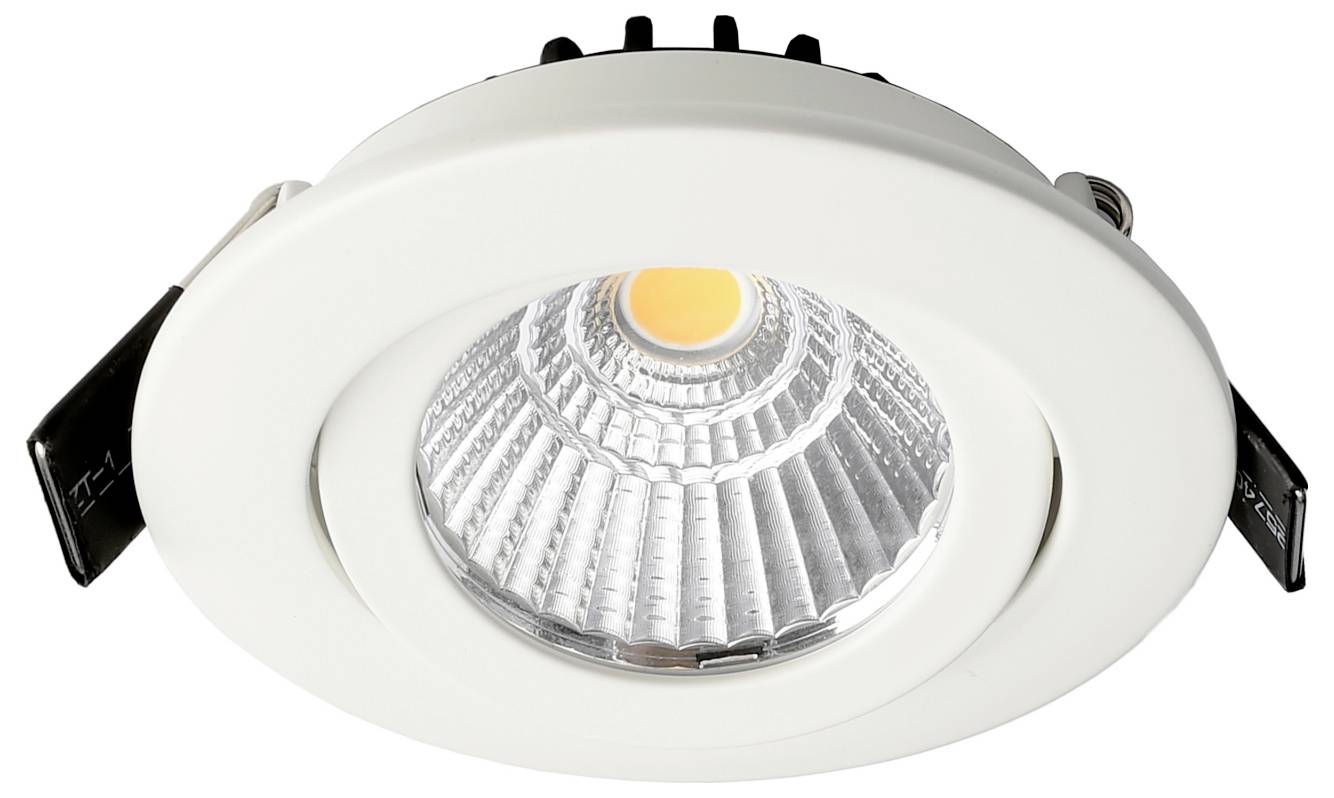 Spot LED rond encastré avec collerette blanche et diffuseur réfléchissant, vue de face sur fond blanc.