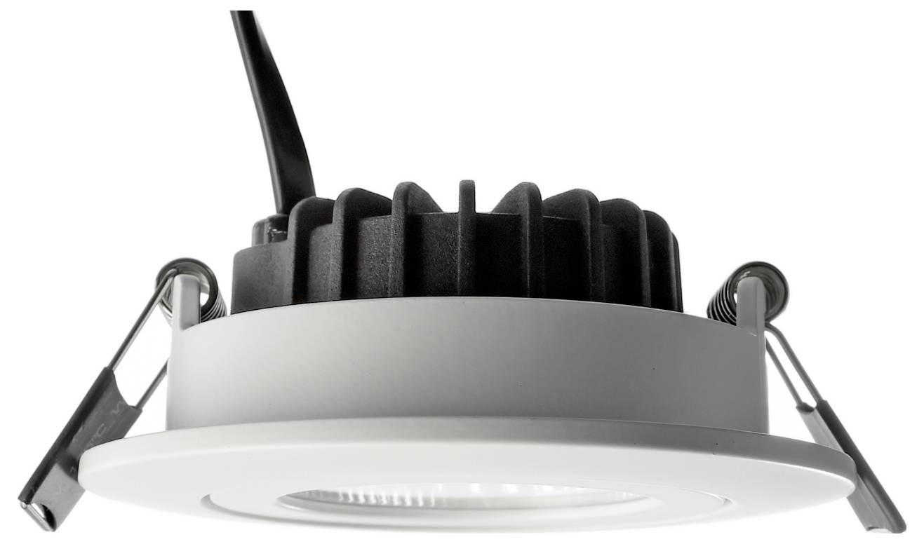 Spot LED rond encastré avec dissipateur noir et ressorts de fixation pour montage au plafond, vu de dessous sur fond blanc.