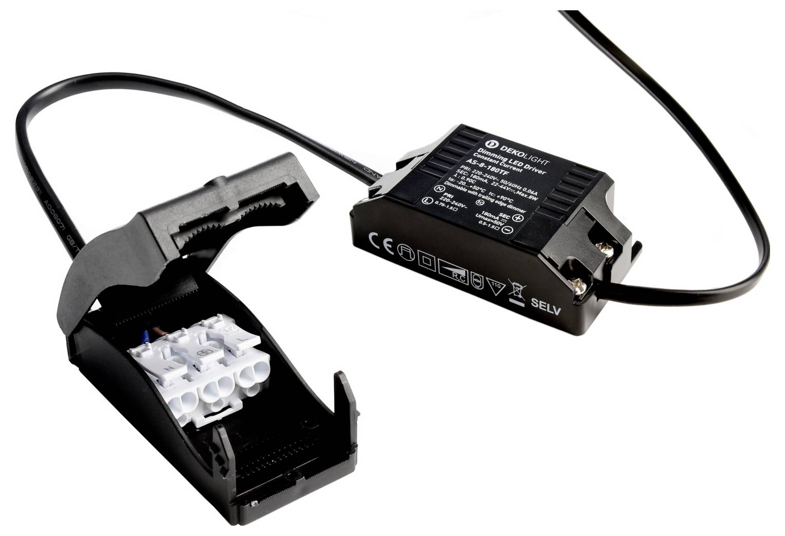 Boîtier de connecteur électrique ouvert noir avec bornier interne et câble attaché, présenté à côté d'un module d'alimentation ou de commande rectangulaire assorti sur fond blanc.