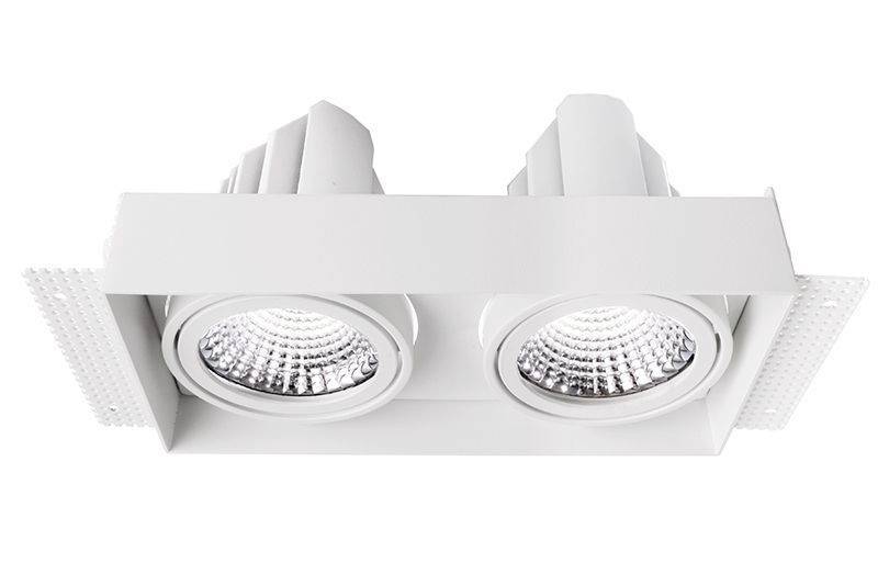 Spot LED encastrable avec deux spots lumineux ronds et cadre blanc, adapté aux installations affleurantes au plafond.