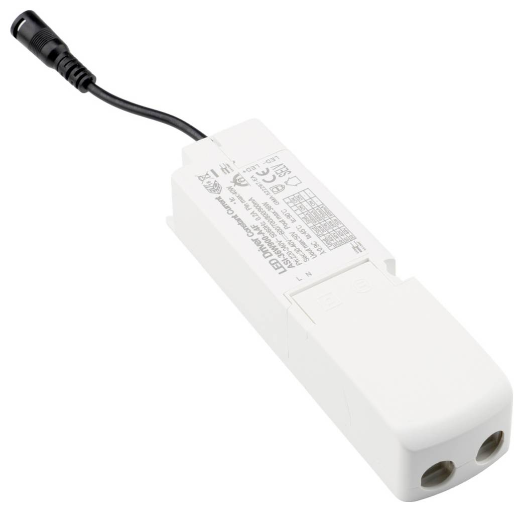Adaptateur secteur CA blanc avec cordon intégré et prise de sortie à deux broches sur fond uni.