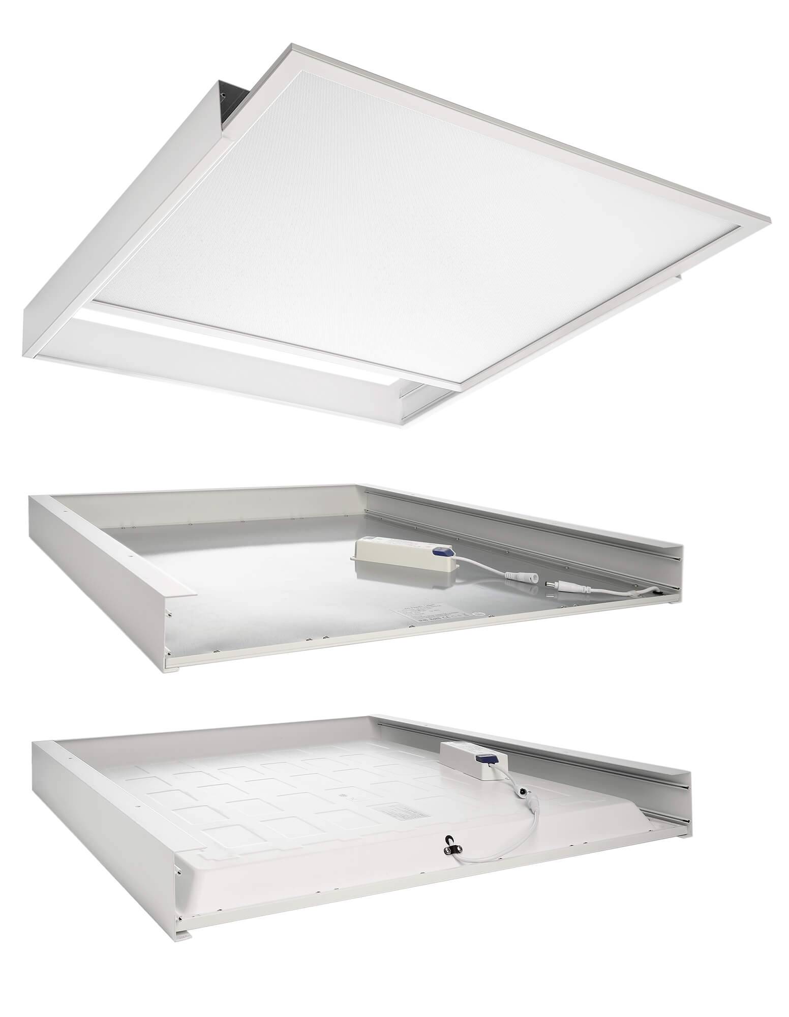 Illustration de trois panneaux LED sous différents angles : de face, de côté avec boîtier de contrôle et connexion de câble.
