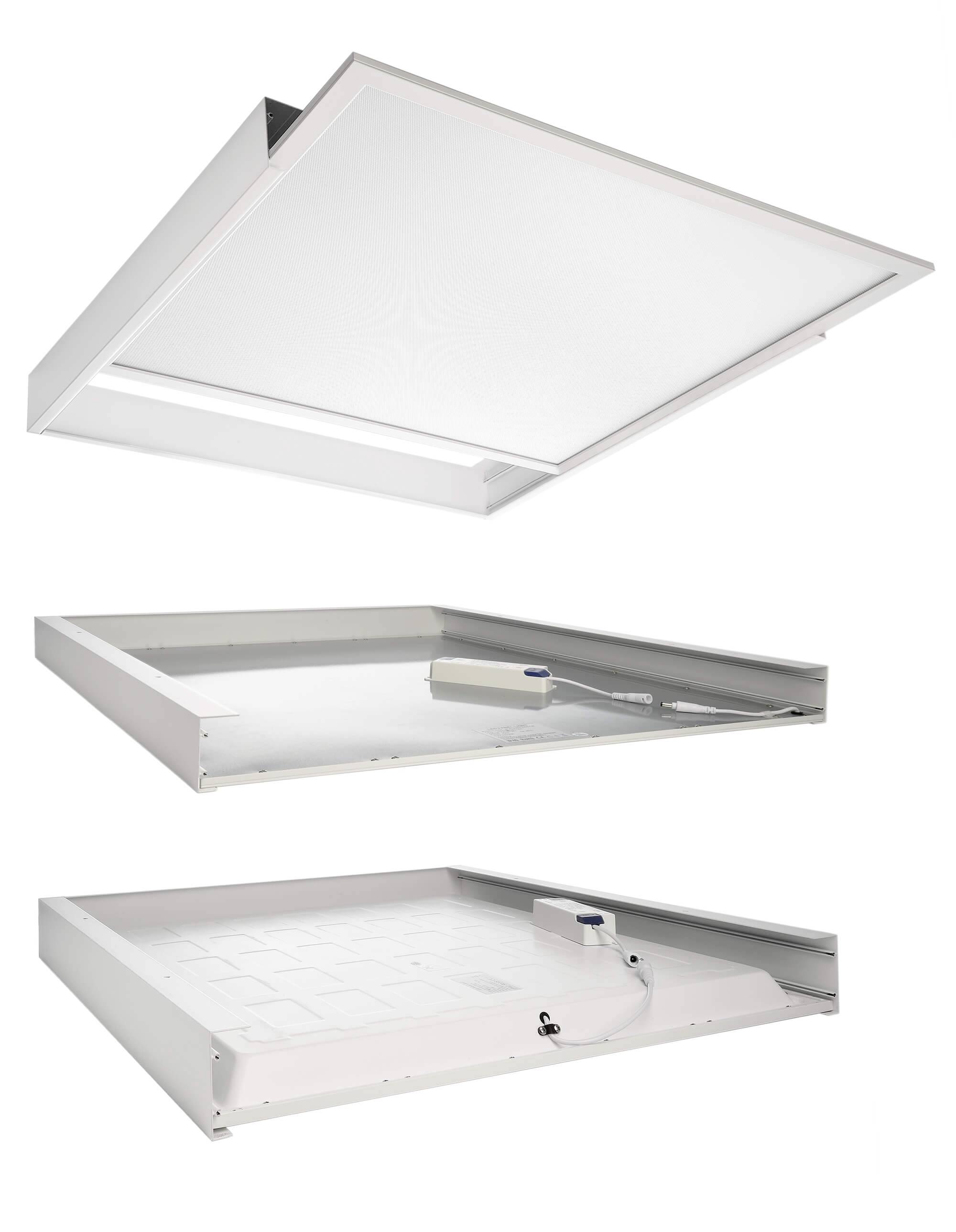 Un panneau LED encastrable présenté sous trois angles : face avant, face arrière avec module électronique, et côté avec connexion de câble.
