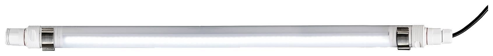 Un tube fluorescent LED avec deux embouts argentés et un câble noir sur le côté droit.