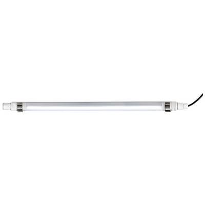 Un tube fluorescent LED avec deux embouts argentés et un câble noir sur le côté droit.