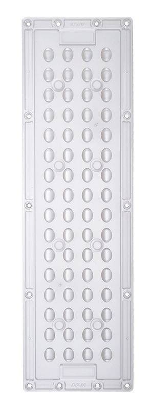 Une grille métallique rectangulaire grise avec plusieurs ouvertures rondes disposées selon un motif symétrique, offrant une structure stable.