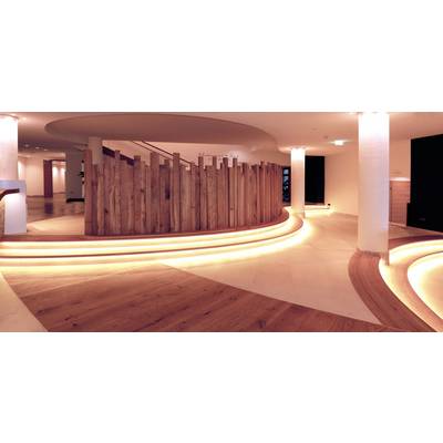 Un intérieur moderne avec un panneau en bois incurvé, une lumière chaleureuse et des escaliers en courbe. Une ambiance élégante et accueillante.
