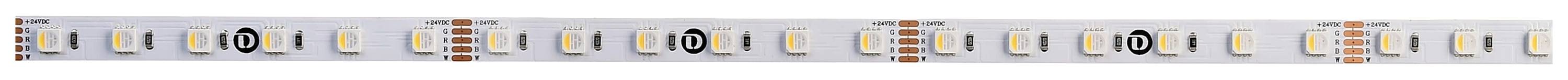 Bande de LED disposant alternativement de diodes jaunes et de points de contact noirs sur un fond blanc.