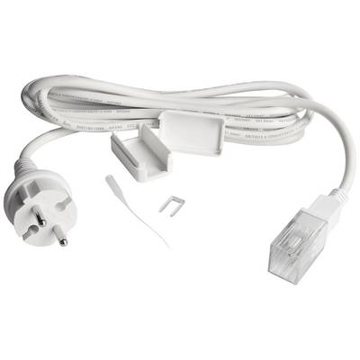 Un câble électrique blanc avec une fiche et une prise réseau transparente. Accessoires : un serre-câble et un clip en plastique.