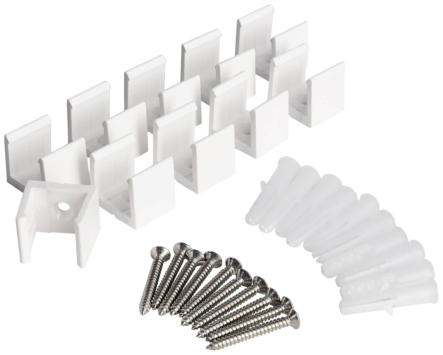 Supports en plastique blanc, vis et chevilles regroupés. Accessoires pour la fixation murale ou l'immobilisation d'objets.