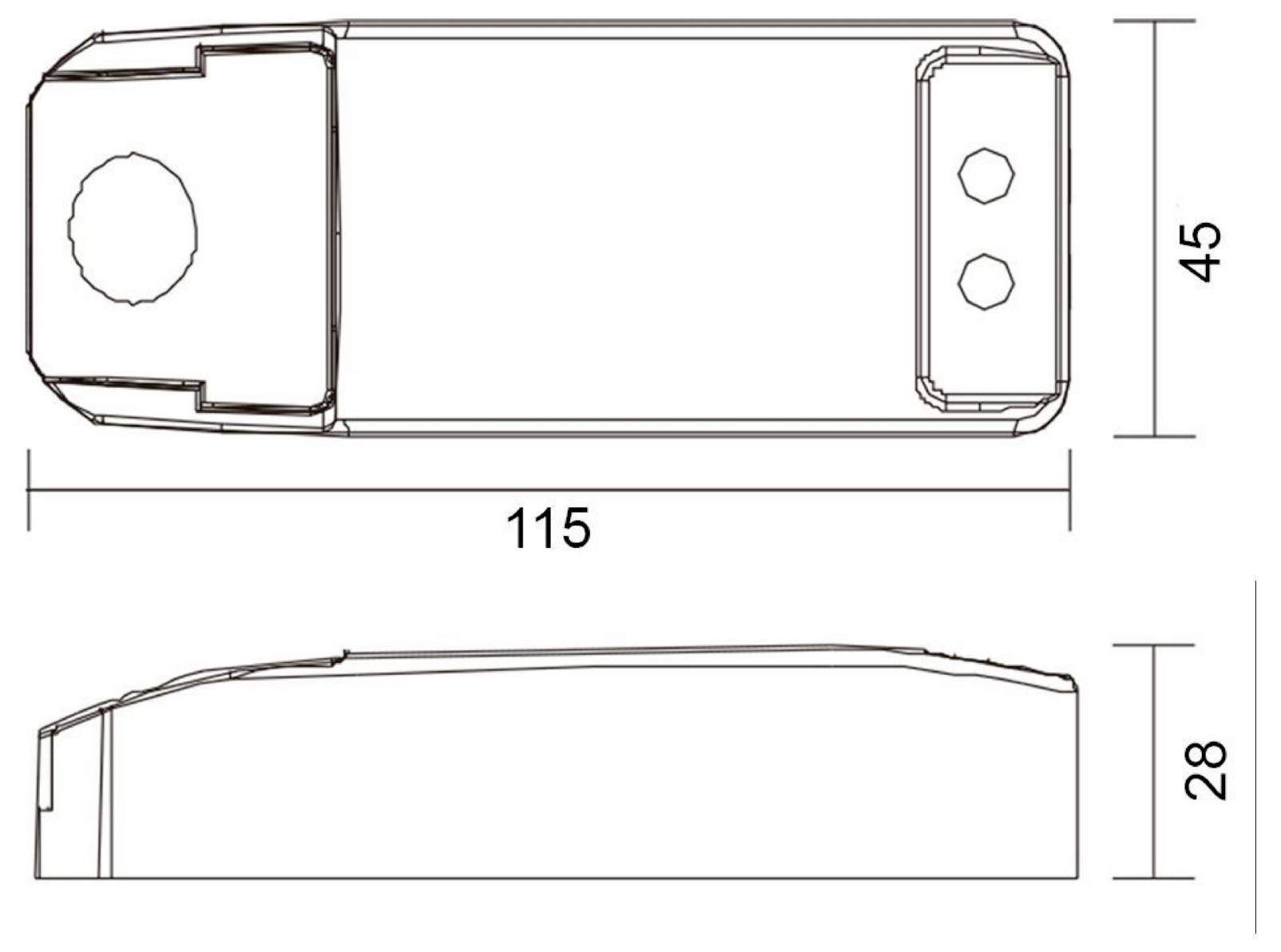 Dessin technique d'un dispositif rectangulaire présentant les vues de dessus et de côté avec les cotes : 115 mm de long, 45 mm de large, 28 mm de haut.