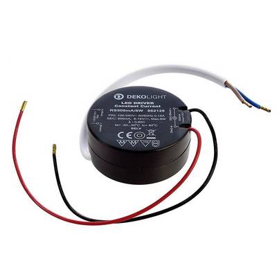 Un driver LED rond de Dekolight, boîtier noir, avec des câbles blancs, rouges et noirs. L'impression indique les spécifications techniques.
