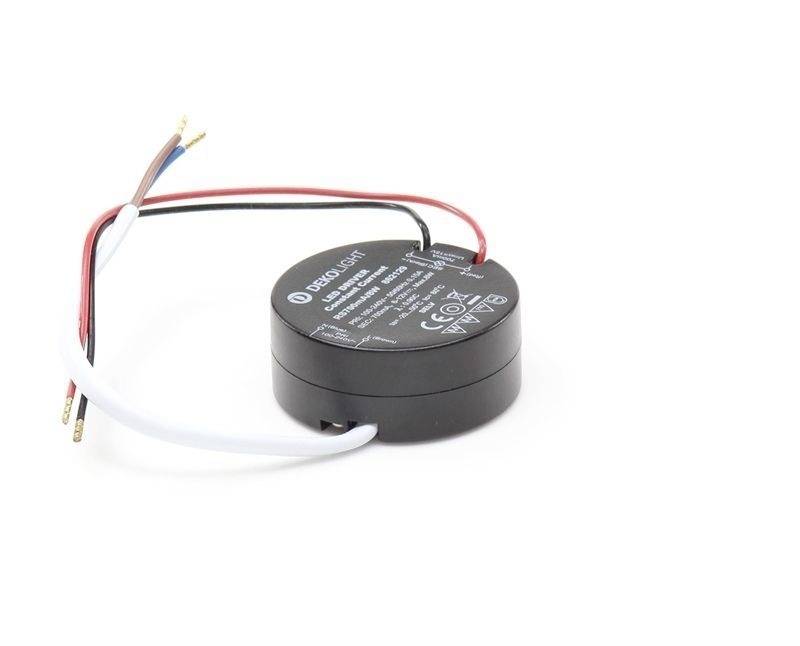Convertisseur LED électrique avec des câbles noirs, rouges et blancs. L'appareil est rond et porte des informations techniques imprimées.