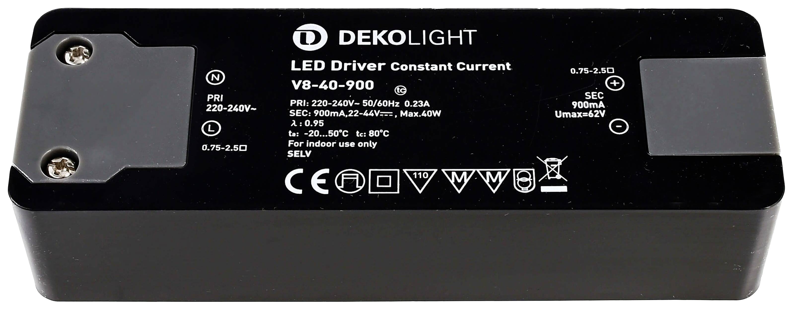 Étiquette du Driver LED DEKOLIGHT Courant Constant V8-40-900 indiquant les spécifications électriques : Entrée 220-240V, Sortie 900mA, max. 40W.
