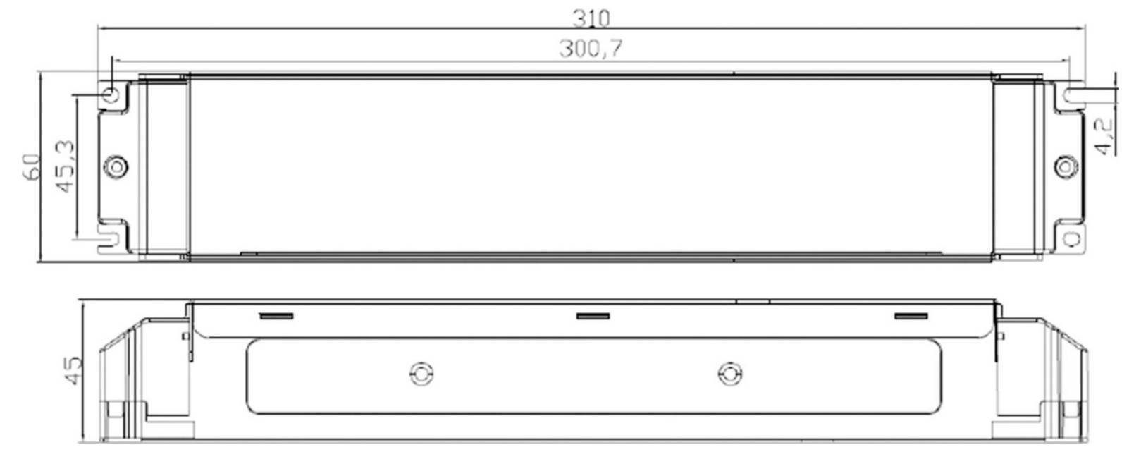 Dessin technique d'un module électronique rectangulaire représenté en vues de dessus et de côté, avec ses cotes indiquées, notamment une longueur de 310 et une largeur de 60.