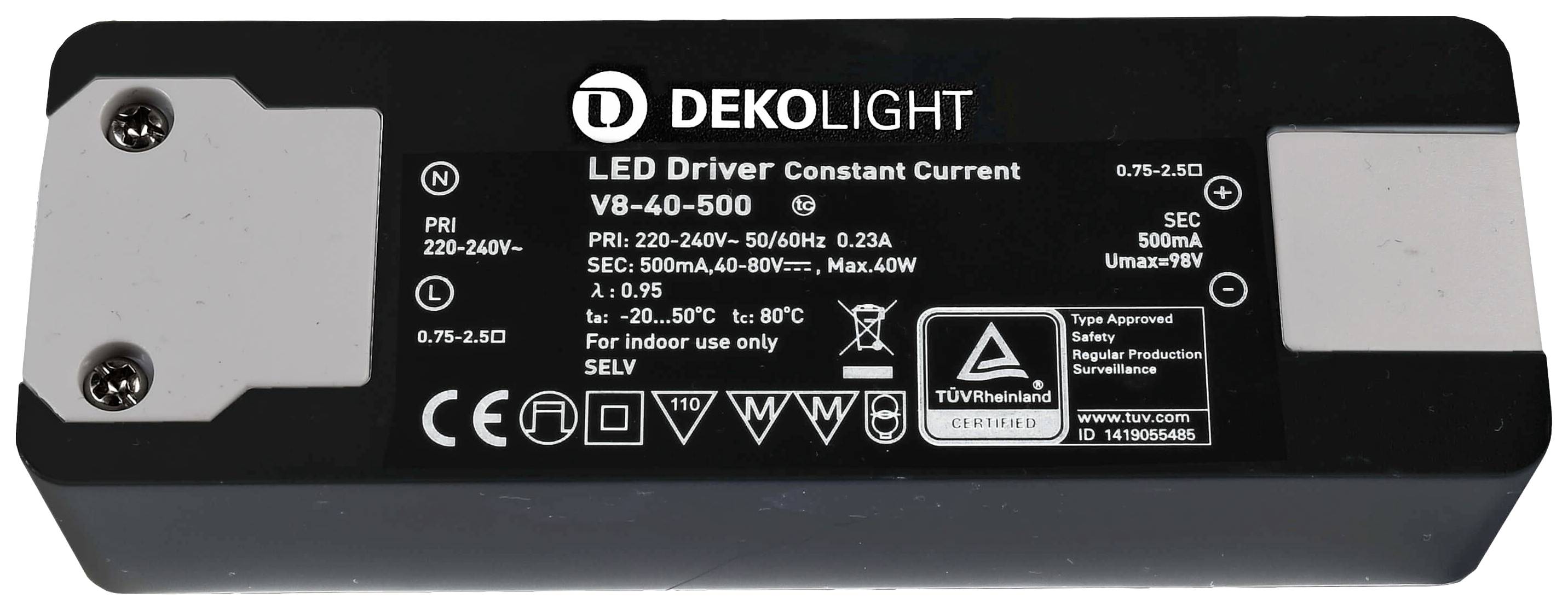 Pilote LED noir de la marque Dekolight, modèle V8-40-500, avec spécifications techniques et marquages de sécurité sur le dessus.
