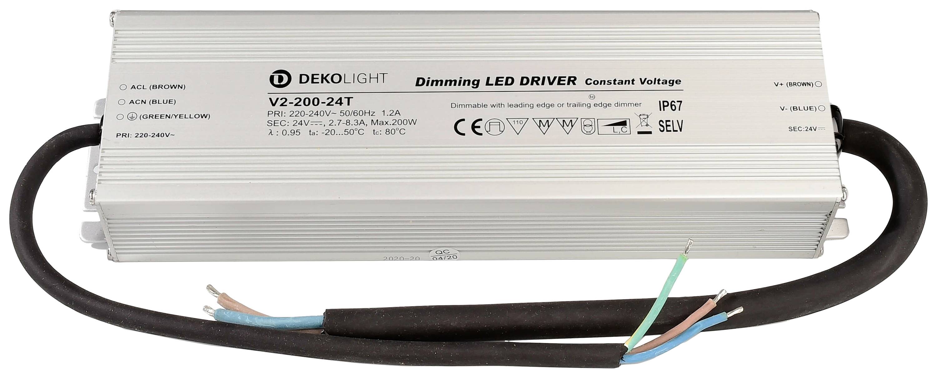 Un pilote LED argenté de Deko-Light, modèle 'V2-200-24T', adapté pour une puissance de 200W et une sortie de 24V, compatible avec la gradation, certifié IP67.
