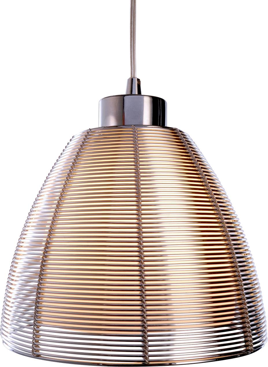 Une lampe suspendue moderne en verre avec des rainures horizontales qui diffuse une lumière chaleureuse. Idéale pour un éclairage élégant des espaces intérieurs.