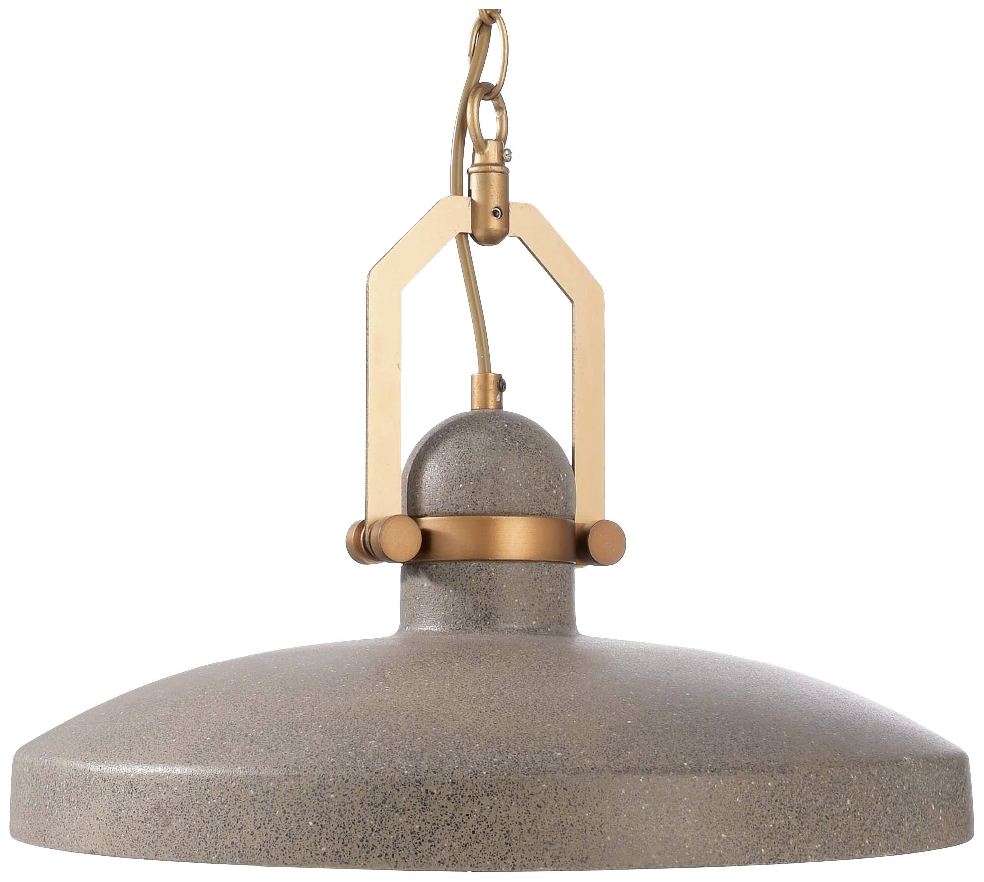 Une lampe suspendue métallique avec un grand abat-jour plat et un détail de suspension doré, adaptée aux intérieurs industriels.