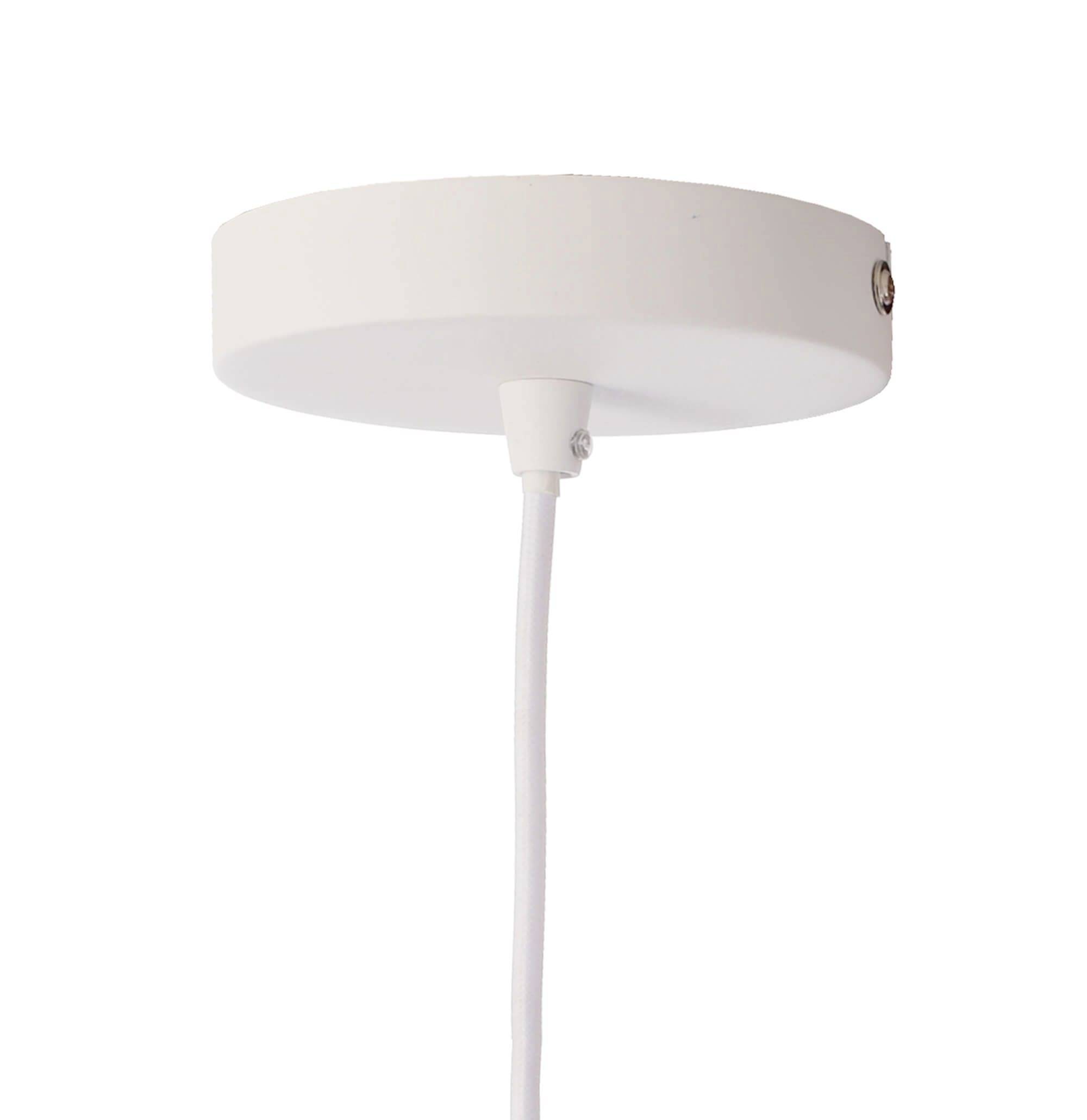 Fixation de plafond blanche avec câble pour suspension luminaire, design épuré, montée au plafond.