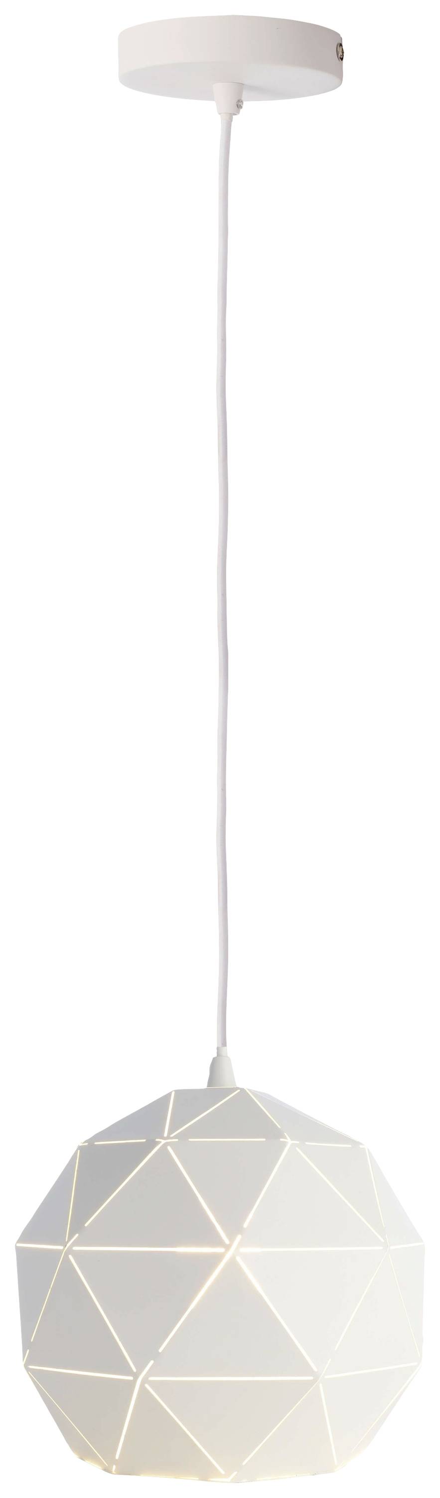 Lampe suspendue blanche à géométrie géométrique avec des motifs triangulaires répartis uniformément. Suspendue à un câble de suspension blanc.