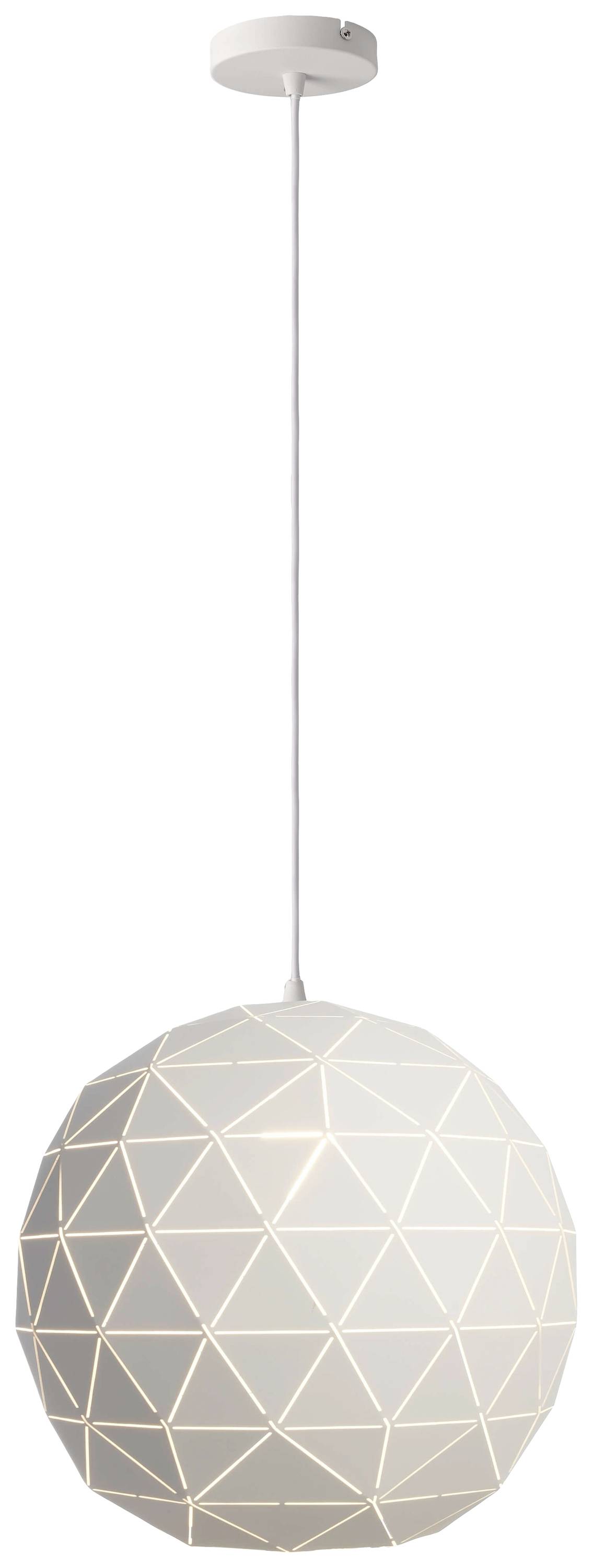 Lampe suspendue blanche, sphérique, avec un motif géométrique, suspendue à un câble fin au plafond.
