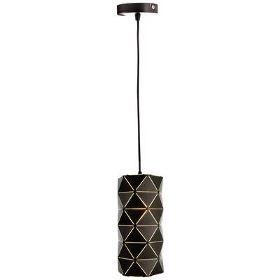 Une suspension noire avec un motif géométrique de triangles est suspendue au plafond. Elle diffuse une lumière chaleureuse.