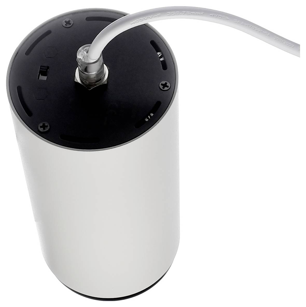 Dispositif cylindrique blanc avec un dessus noir et un câble blanc attaché, présenté sur un fond uni.