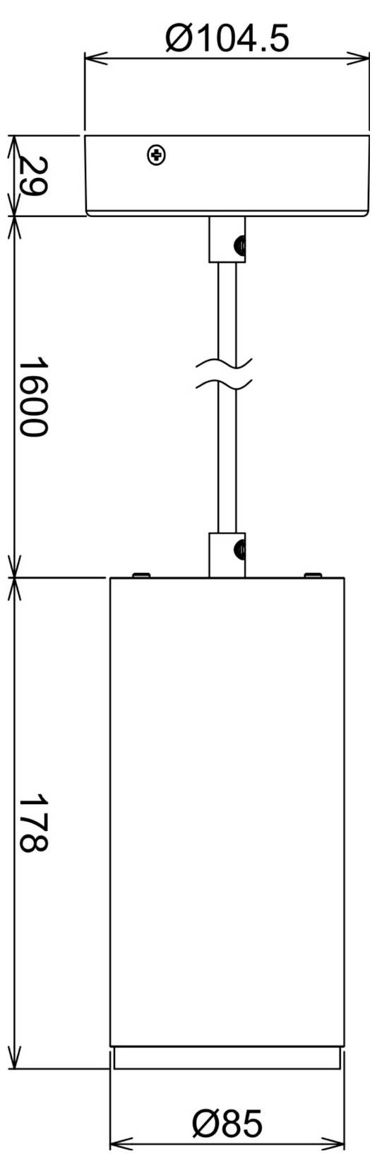 Dessin technique d'un lampadaire à base cylindrique, tige verticale et partie supérieure ronde ; cotes indiquées : hauteur 1600 mm, hauteur de la base 178 mm, Ø 104,5 pour la partie supérieure, Ø 85 pour la base.