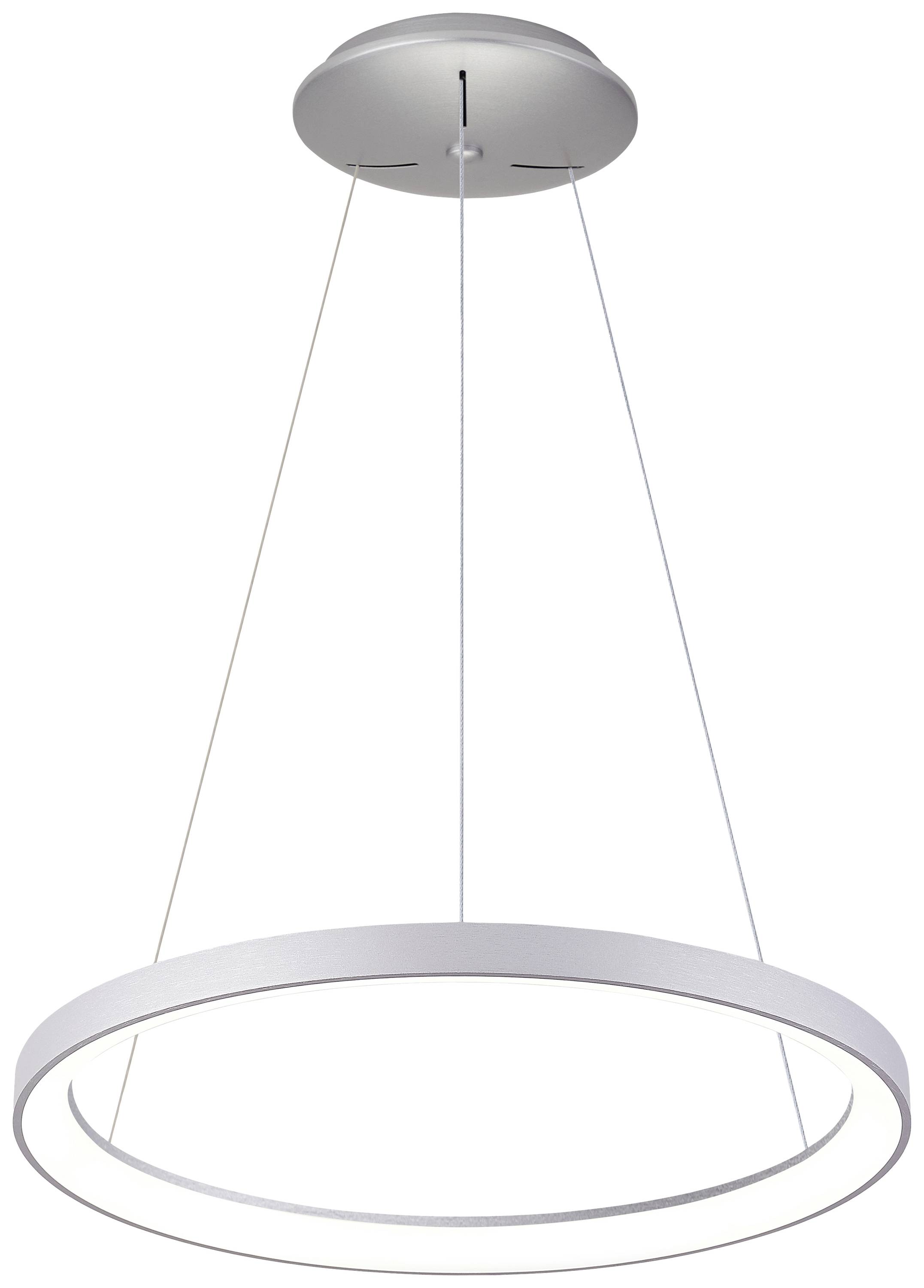 Suspension pendulaire ronde moderne en argent au design minimaliste et à la suspension fine.