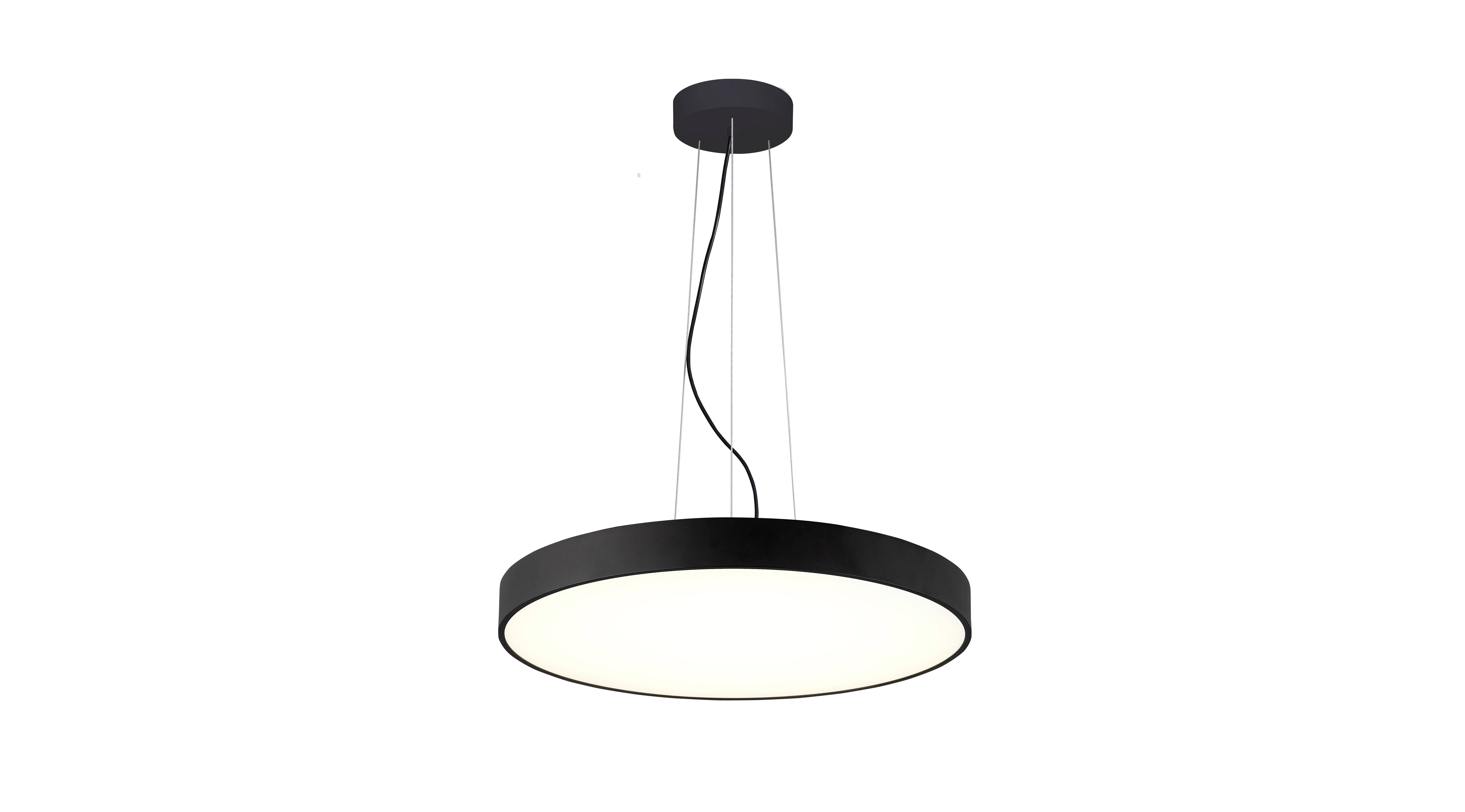 Suspension moderne et ronde avec cadre noir, suspendue par de fins câbles, diffusant une lumière claire et uniforme.