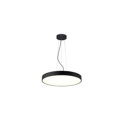 Suspension moderne et ronde avec cadre noir, suspendue par de fins câbles, diffusant une lumière claire et uniforme.