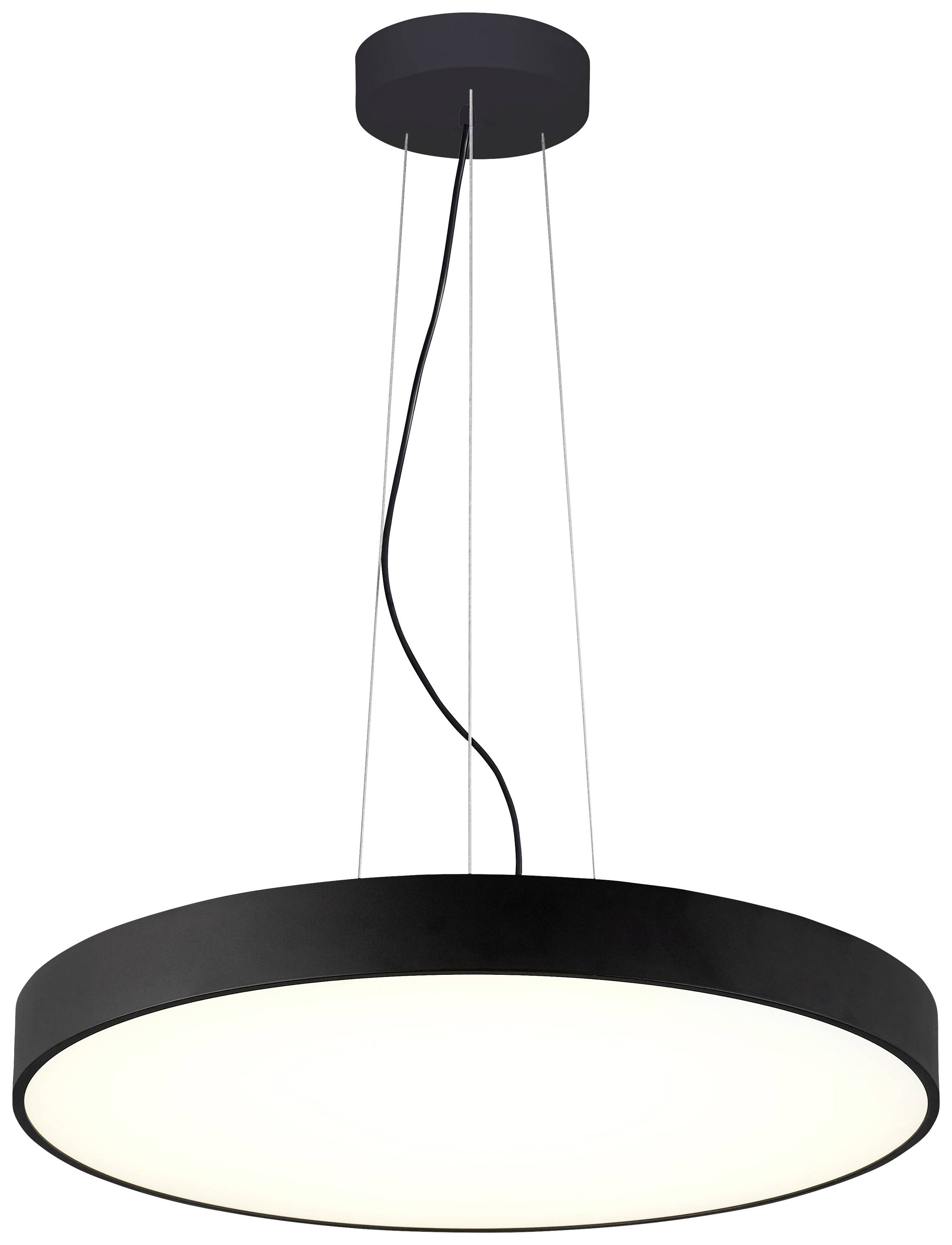 Un luminaire de plafond rond et moderne avec un bord noir, suspendu par des câbles fins à partir d'un support de plafond noir.