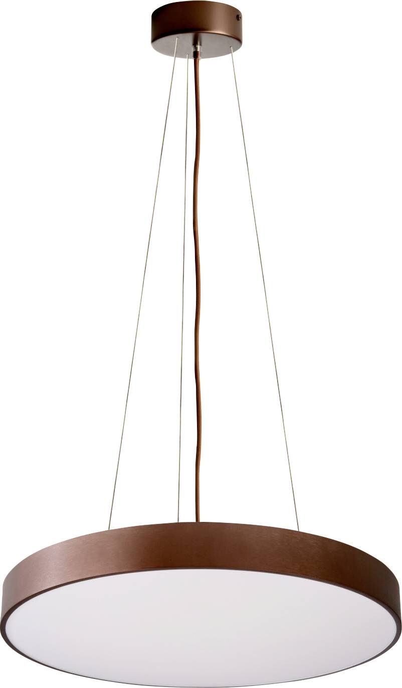 Une lampe suspendue moderne, ronde, avec un cadre brun et des câbles élégants. Elle est fixée au plafond et émet une lumière blanc chaud.