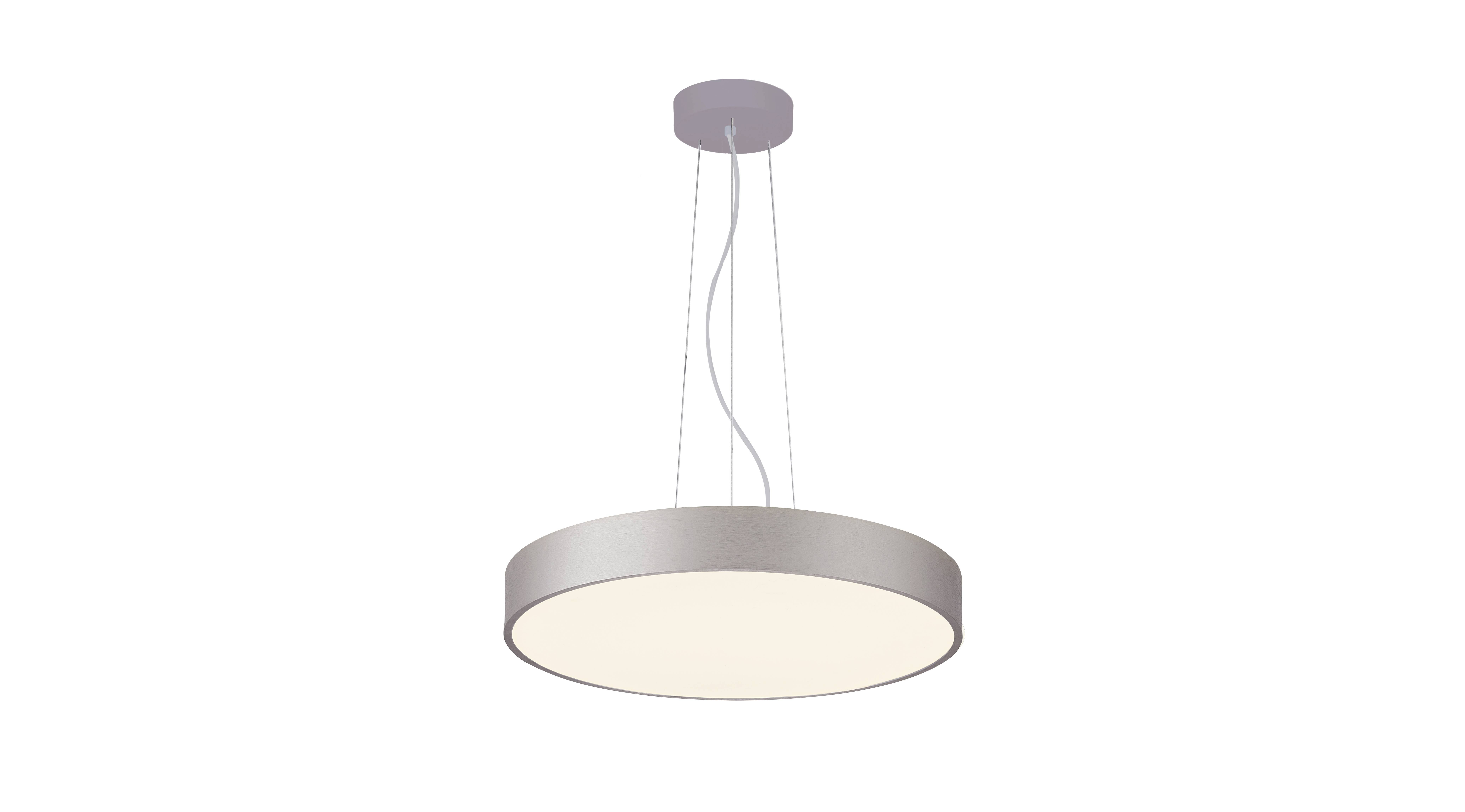 Suspension lumineuse au design moderne et circulaire en argent, offrant un éclairage puissant. Esthétique minimaliste, parfaite pour les espaces contemporains.