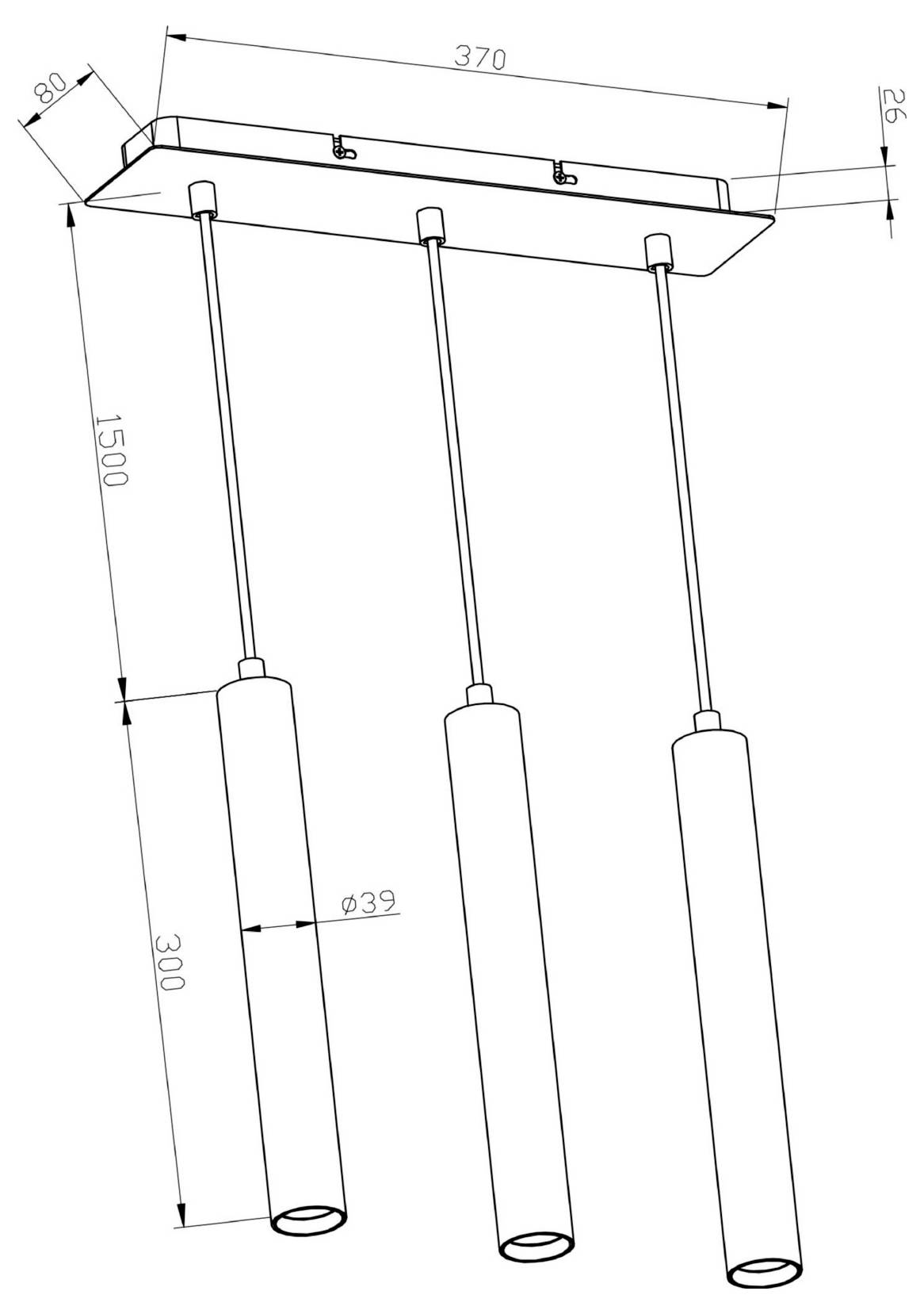 Dessin technique d'un luminaire suspendu linéaire à trois feux, indiquant les dimensions : 370 mm de large, 1500 mm de hauteur de suspension, abat-jours de 300 mm, avec des cylindres de 39 mm de diamètre.