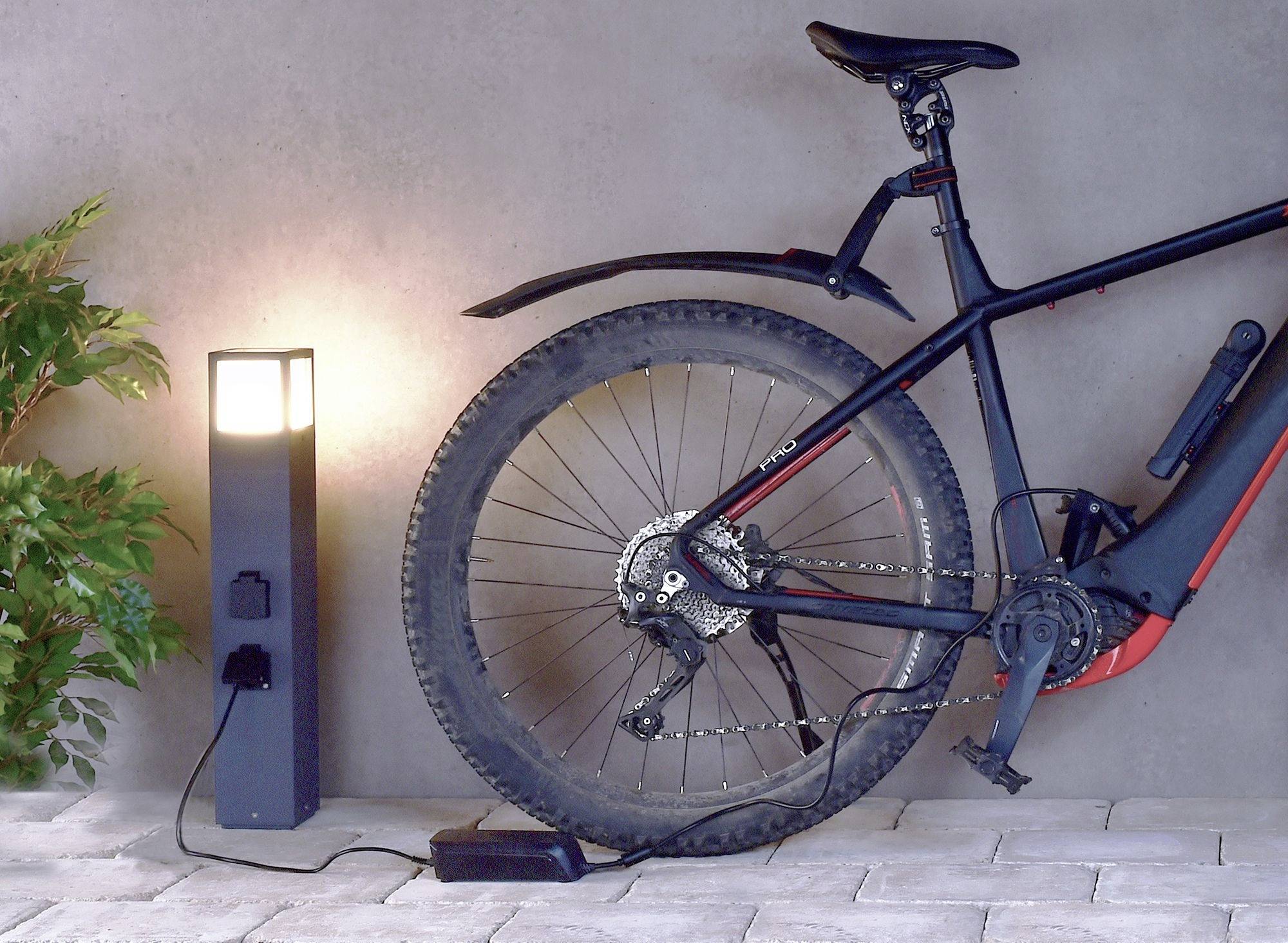 Un vélo est garé à côté d'une station de recharge éclairée. Une plante se trouve à gauche de l'image. Le vélo est en train de se recharger.