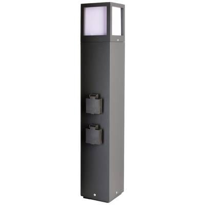 Poteau extérieur noir avec deux prises électriques et un éclairage LED en haut, utilisé comme éclairage extérieur et source d'énergie.