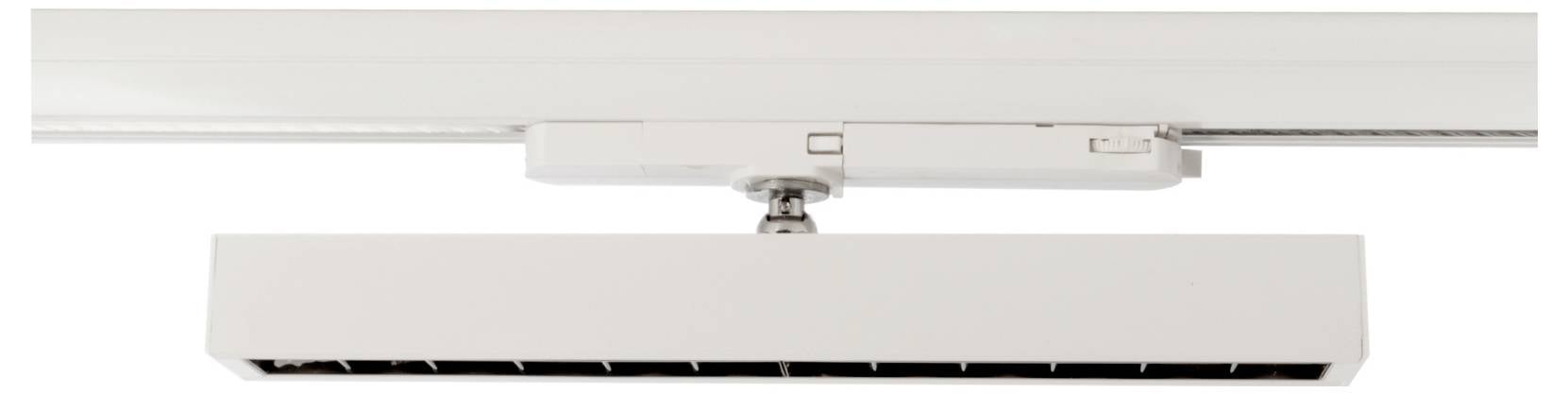 Projecteur blanc monté au plafond, suspendu à un support fixé contre un mur ou un plafond uni.