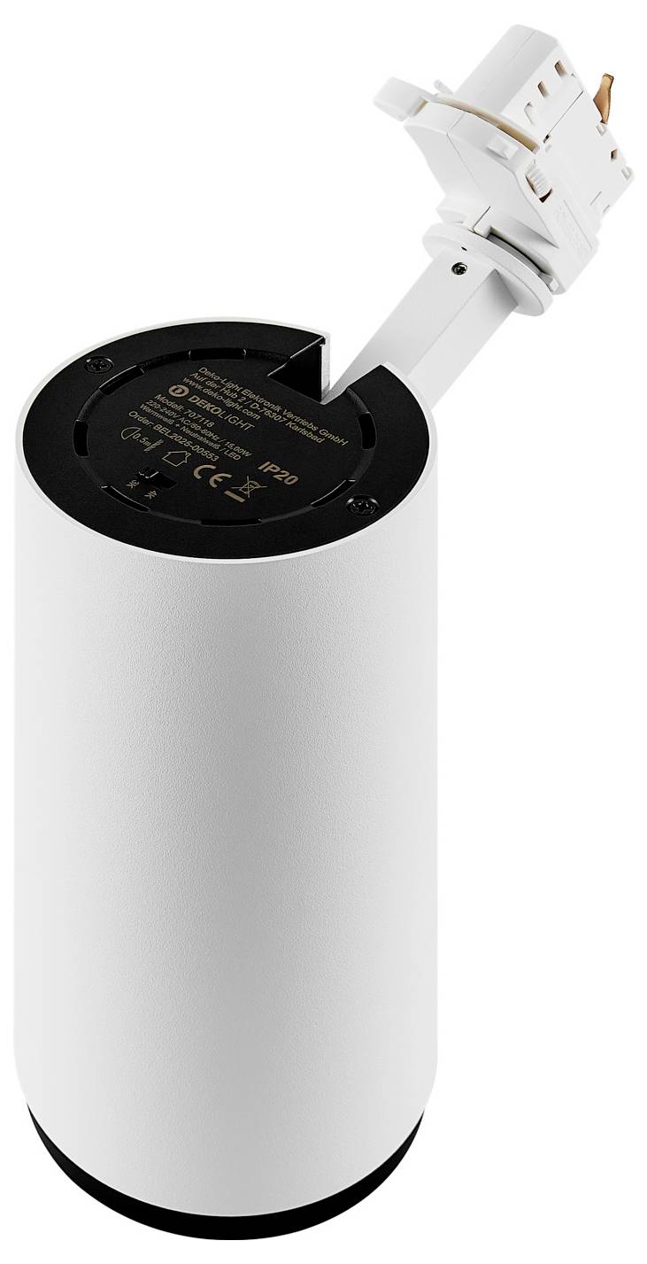 Dispositif cylindrique blanc avec une ouverture noire sur le dessus et un module de connexion blanc articulé qui s'élève à partir de celui-ci, présenté sur un fond uni.