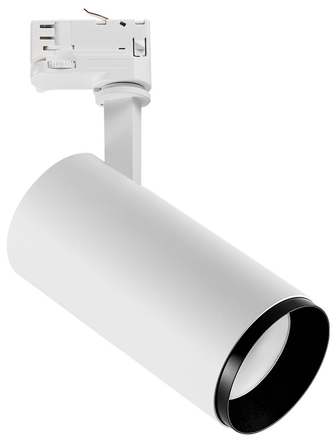 Spot cylindrique blanc sur rail, fixé à un support de plafond, présenté en gros plan sur fond blanc.