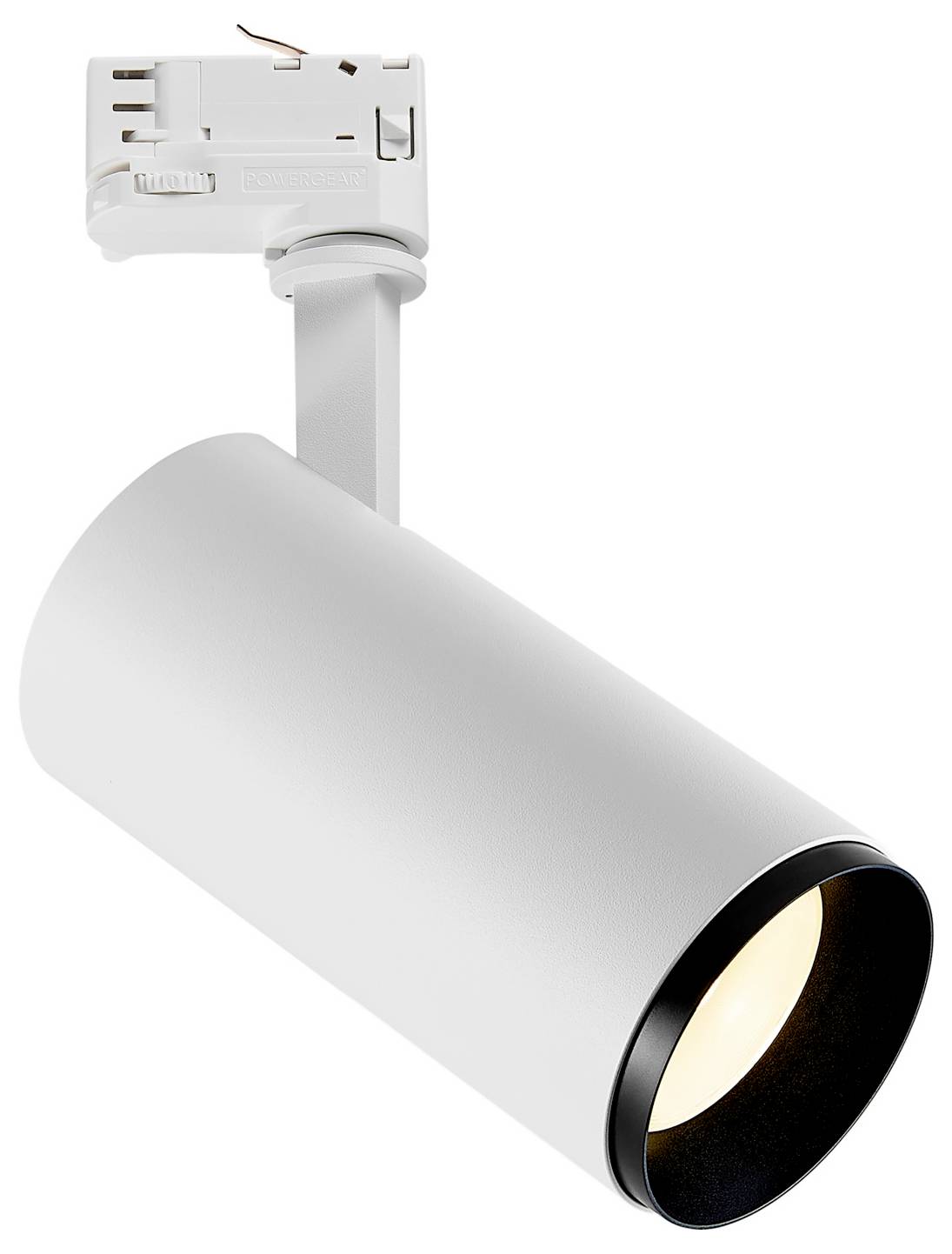 Projecteur sur rail blanc à tête cylindrique orientable, dirigé vers le bas, sur fond uni.