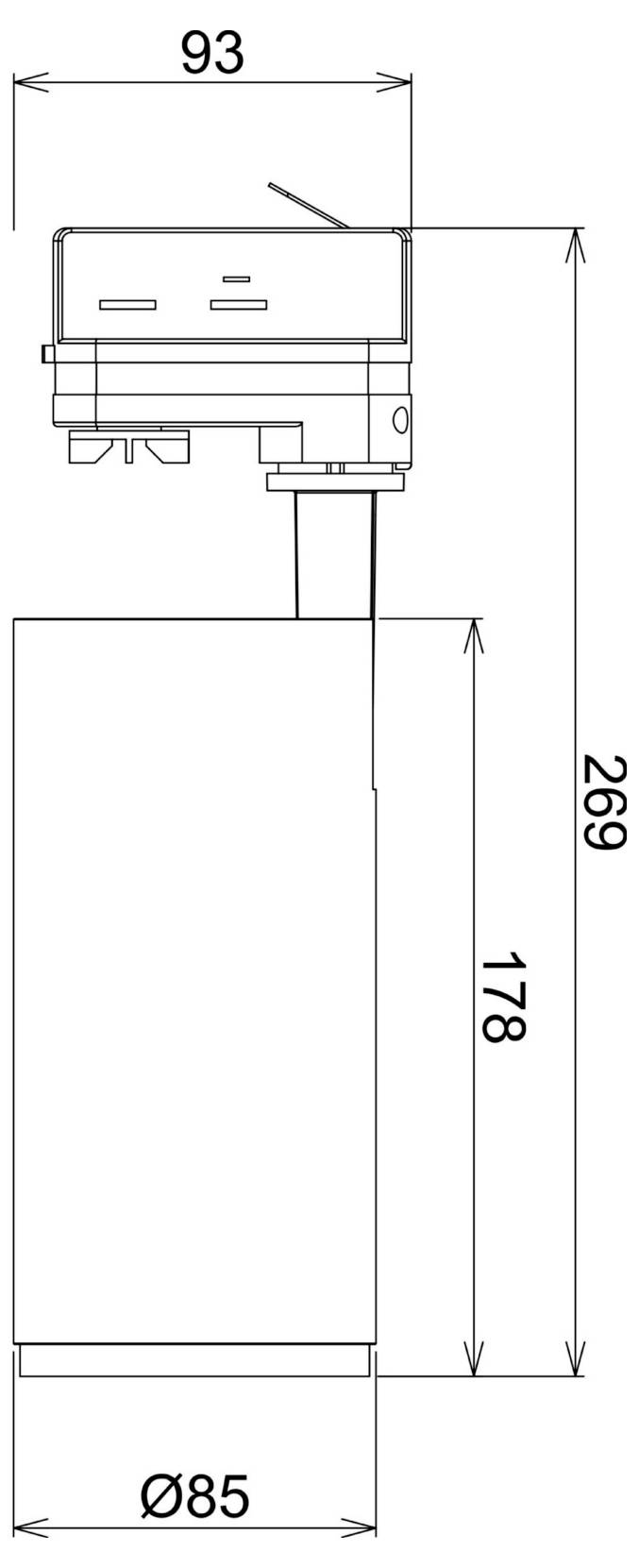 Dessin technique en ligne d'un dispositif cylindrique avec boîtier supérieur, indiquant les dimensions suivantes : 93 de large, 269 de haut, 178 de hauteur de corps et 85 de diamètre.