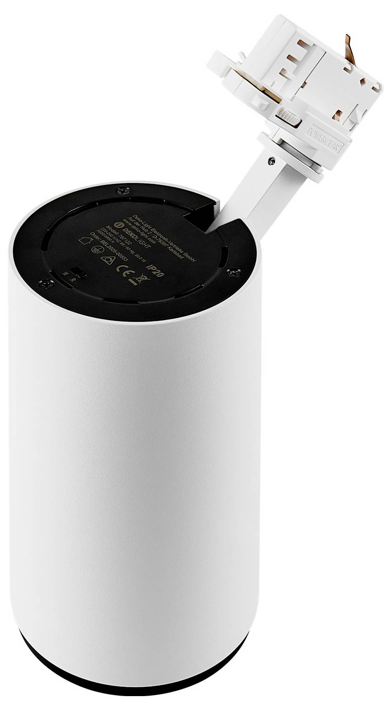 Luminaire encastré cylindrique blanc avec un module lumineux orientable incliné vers le haut, laissant voir le boîtier intérieur et le connecteur électrique.