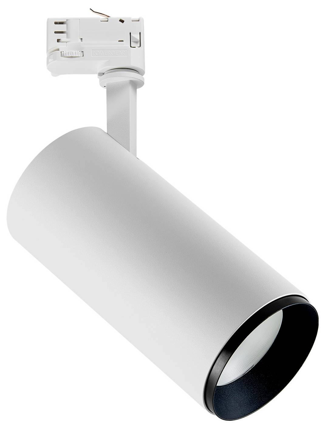 Spot réglable blanc sur rail, à tête cylindrique, fixé au plafond et orienté vers le bas, sur fond uni.