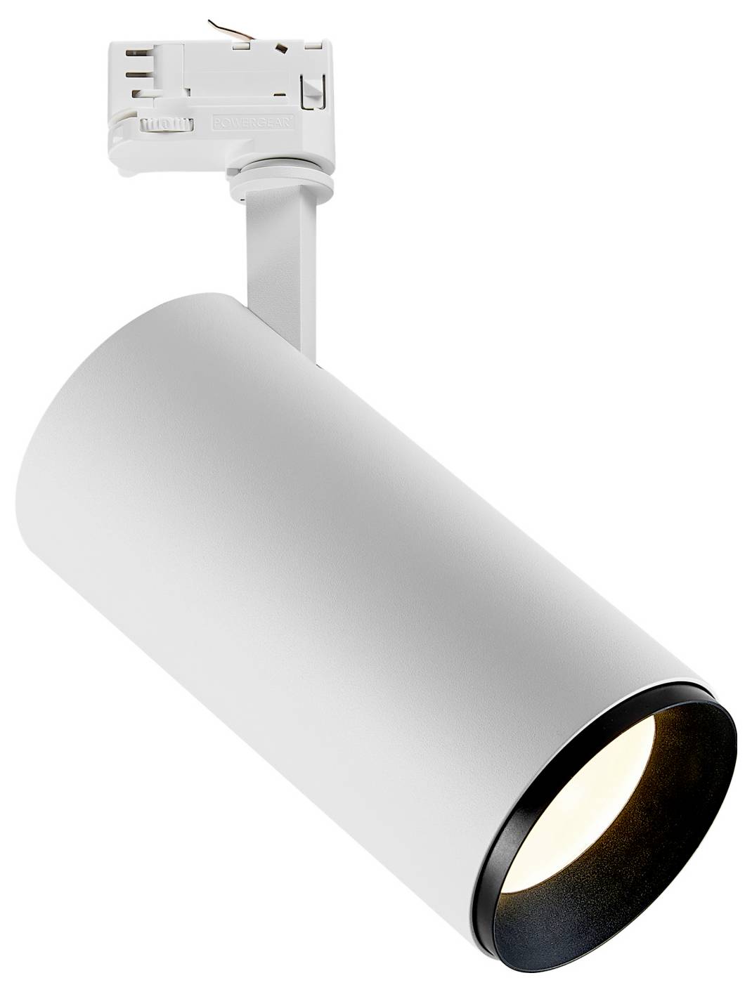 Projecteur cylindrique blanc sur rail, orienté vers le bas, sur fond uni