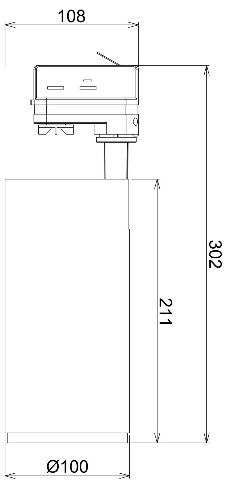 Dessin technique de vue latérale cotée d'un dispositif cylindrique posé sur une base, indiquant une largeur de 108, une hauteur totale de 302, une hauteur du corps de 211 et un diamètre de 100.