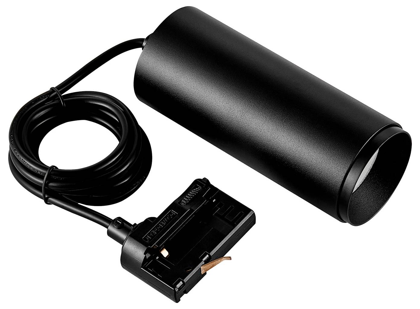 Adaptateur de batterie cylindrique noir avec câble enroulé et connecteur fixé, présenté sur fond blanc.