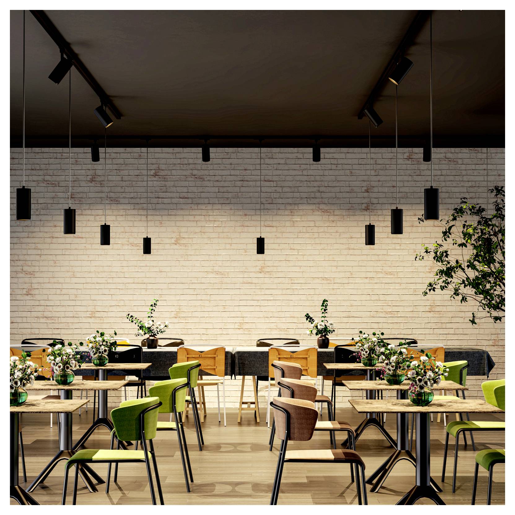 Espace de restauration moderne d'un café avec des tables en bois et des chaises colorées disposées autour d'une allée centrale, devant un mur en briques blanches orné de lampes noires suspendues et de petites plantes.