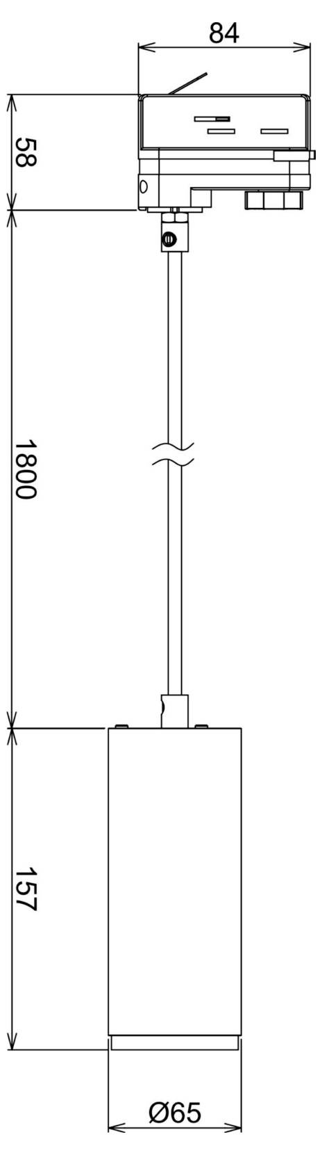 Dessin technique d'un appareil monté au sol sur un mât, indiquant les dimensions : 84 de large, unité supérieure de 58 de haut, longueur du mât de 1800, hauteur de la base de 157 et diamètre de la base de 65.